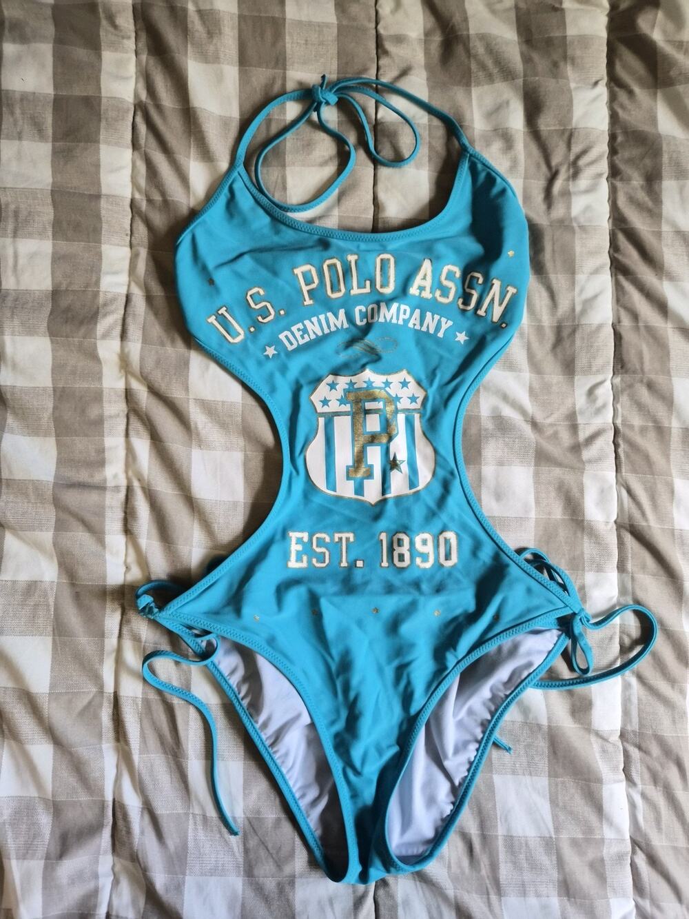 Size L U.S. Polo Assn. Women's Blue Teal Cut Out Adjustable One Piece Swimsuit